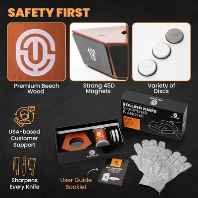 Highlights multiple product features and benefits to showcase quality, durability, and customer care. Shows all items included in the knife sharpener set, giving customers a clear understanding of…
