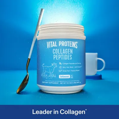 Highlights the product's main feature of collagen peptides and its benefits for skin, hair, bone, and joint support. Emphasizes the brand's position as a leader in collagen products, building trust…