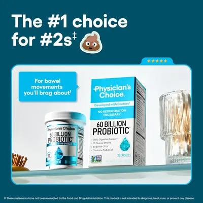 Highlights multiple benefits of the probiotic supplement, including its potency, medical backing, and digestive health support. Emphasizes the product's primary benefit of improving bowel movements…