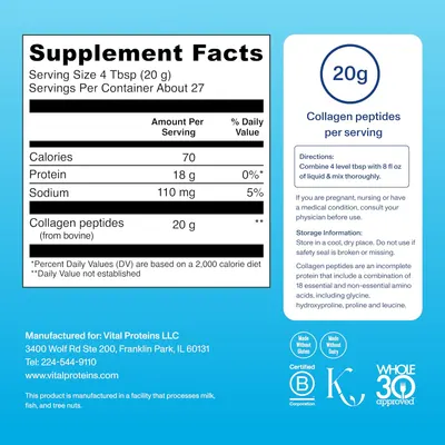 Highlights the amount of collagen peptides per serving and key nutritional information to inform customers about the product's composition and dosage.