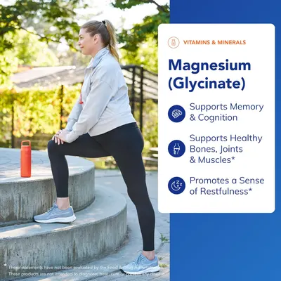 Highlights multiple health benefits of Magnesium (Glycinate) supplement to appeal to health-conscious consumers. Shows the product in context of an active,…