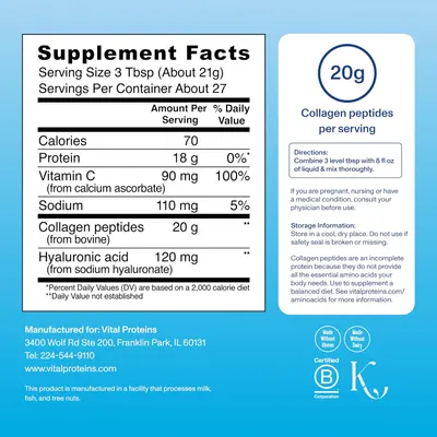 Highlights the high collagen content (20g per serving) to emphasize the product's potency and effectiveness. Informs customers about the product's suitability for specific diets (gluten-free,…