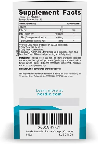 Provides detailed nutritional information and ingredients of the omega-3 supplement to help shoppers understand its composition and benefits.