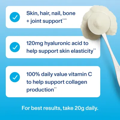 Highlights multiple benefits of the product for skin, hair, nails, bones, and joints, emphasizing its comprehensive support for overall body health.
