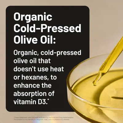 Highlights the unique cold-pressed production method of the olive oil, emphasizing its organic nature and potential benefits for vitamin D3 absorption.