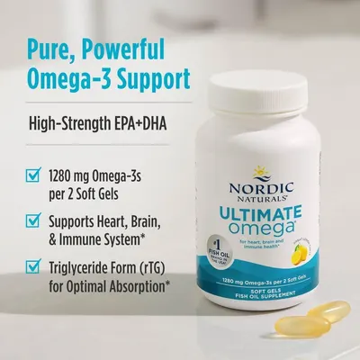 Highlights multiple benefits of the omega-3 supplement, including its high strength, support for various body systems, and optimal absorption form.