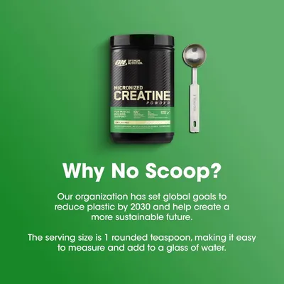 Explains why the product doesn't include a plastic scoop, highlighting the company's commitment to sustainability and plastic reduction.