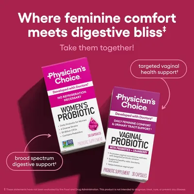 Highlights the dual benefits of digestive and vaginal health support from two complementary probiotic products.