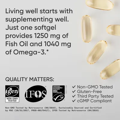 Highlights the high concentration of Fish Oil and Omega-3 in each softgel to emphasize the product's potency and value. Showcases various quality certifications and testing to build trust in the…
