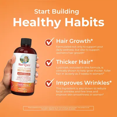 Highlights multiple benefits of the multivitamin product, focusing on hair growth, thicker hair, and wrinkle improvement to appeal to women seeking overall beauty and wellness solutions.