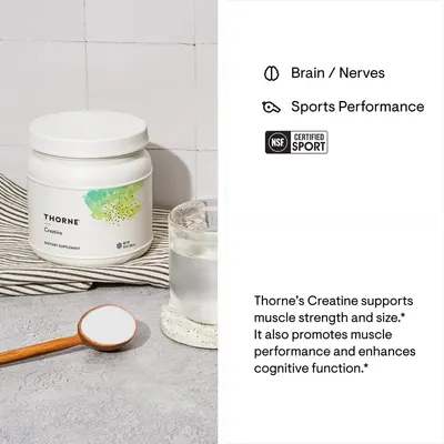 Highlights multiple benefits of the Thorne Creatine supplement, including muscle strength, cognitive function, and sports performance enhancement. Emphasizes…