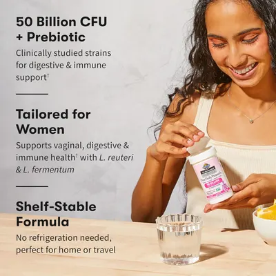 Highlights multiple key benefits of the probiotic supplement, including its potency, specific formulation for women's health, and convenience of use.