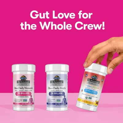 Showcases different probiotic products for various family members, emphasizing the brand's range of options for gut health.