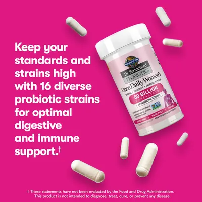 Highlights the product's multiple benefits of digestive and immune support, emphasizing the diverse probiotic strains for optimal health.