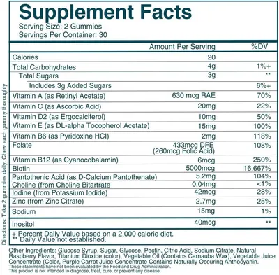 Provides detailed nutritional facts and vitamin content to inform customers about the supplement's composition and benefits.