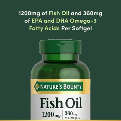 Communicates the specific amount of fish oil and omega-3 fatty acids in each softgel to highlight the product's potency and nutritional value.