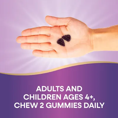 Provides clear dosage instructions for the gummy supplement, showing the recommended daily intake for both adults and children.