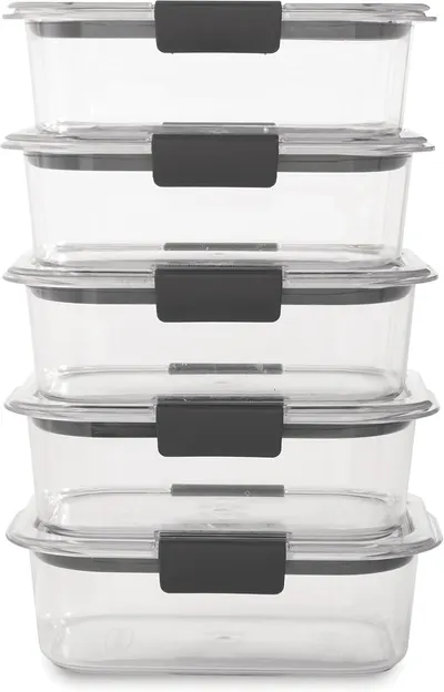 Shows the complete set of stackable food storage containers included in the purchase, highlighting the variety of sizes and quantity.
