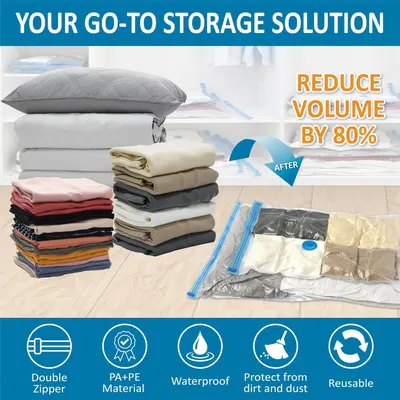 Highlights multiple benefits of the storage solution, emphasizing its ability to reduce volume and protect items.