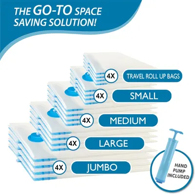 Shows the complete set of space-saving bags included in different sizes, highlighting the variety and quantity to demonstrate value. Emphasizes the product's…