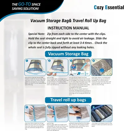 Provides step-by-step instructions on how to use both the vacuum storage bag and travel roll up bag, ensuring customers can properly utilize the product…