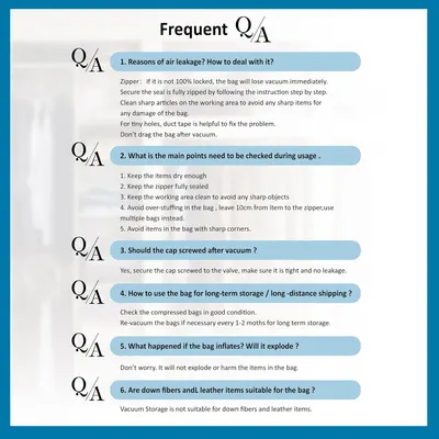 Provides detailed instructions and tips on how to properly use and maintain vacuum storage bags, addressing common issues and questions.