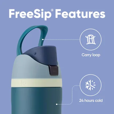 Highlights two key features of the FreeSip bottle: its carry loop for easy transport and its ability to keep drinks cold for 24 hours.
