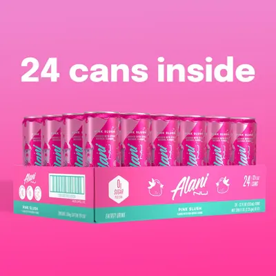 Shows the customer exactly what they'll receive: a case containing 24 cans of Alani Pink Slush energy drink. Highlights the quantity of cans in the pack and emphasizes the zero sugar content,…