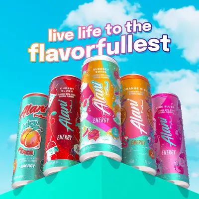 Showcases the variety of flavors available in the Alani energy drink line while emphasizing the brand's fun and vibrant personality.
