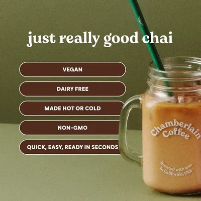 Highlights multiple key features and benefits of the chai product to appeal to health-conscious and convenience-seeking consumers.