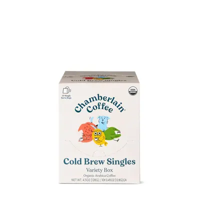 Shows the product packaging and highlights that it contains 10 single-serve bags of cold brew coffee.
