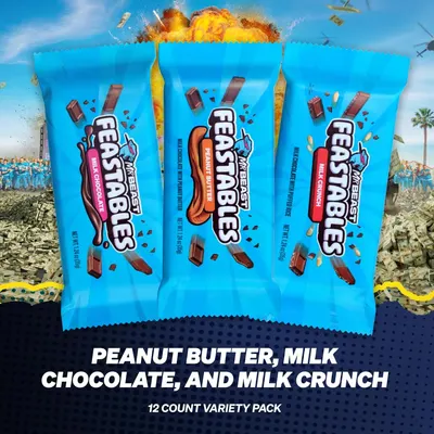 Showcases the different flavors available in the product variety pack, highlighting the range of options for customers. Reinforces the Feastables brand identity and showcases their product line of…