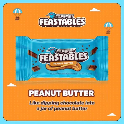 Highlights the unique peanut butter flavor of the product, comparing it to the experience of dipping chocolate into peanut butter.
