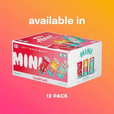 Showcases the different flavors included in the 12-pack variety box of MINI energy drinks.