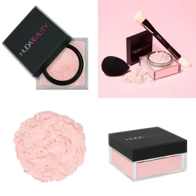 Showcases the product's fine powder texture and multiple application tools to highlight versatility and ease of use. Displays the makeup powder product along with various application tools included,…