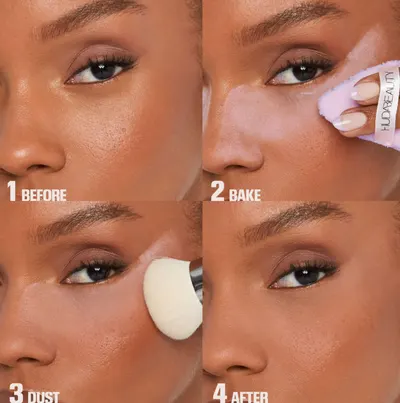 Demonstrates the step-by-step process of applying makeup for a flawless finish, focusing on the under-eye area. Shows the transformation of the under-eye area…