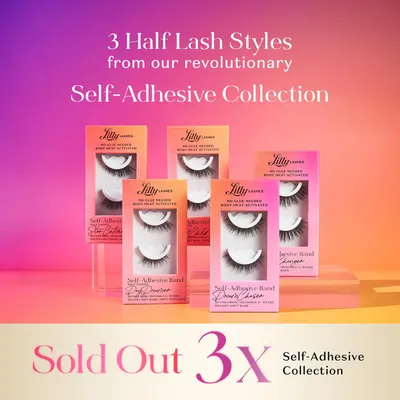 Showcases the variety of self-adhesive lash styles available in the collection, emphasizing the ease of application without glue.