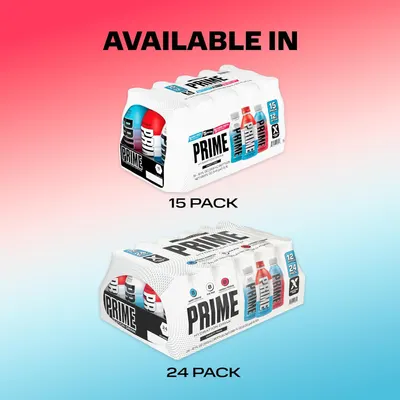 Shows customers the different pack sizes available for the Prime hydration drink, allowing them to choose between a 15-pack or 24-pack option.