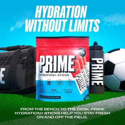 Demonstrates the versatility of Prime Hydration+ Sticks for use in both athletic and work environments. Highlights multiple health benefits of the product to appeal to health-conscious consumers.