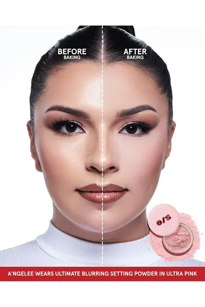 Demonstrates the transformative effect of the Ultimate Blurring Setting Powder in Ultra Pink, showing how it reduces shine and creates a smoother complexion.