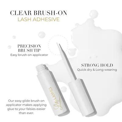 Highlights the precision brush tip for easy application of lash adhesive, emphasizing the product's user-friendly design.