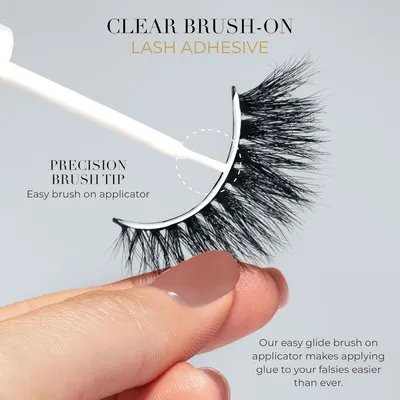 Highlights the easy-to-use brush-on applicator for the lash adhesive, emphasizing precision and ease of application.