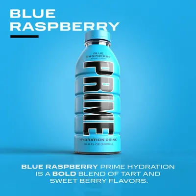 Highlights the unique Blue Raspberry flavor of the Prime hydration drink to attract customers interested in this specific taste profile.