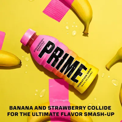 Highlights the unique banana and strawberry flavor combination of the Prime drink to appeal to customers looking for an exciting taste experience.