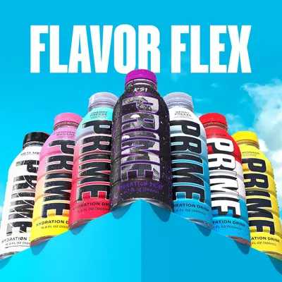Showcases the wide range of flavors available in the Prime hydration drink lineup, emphasizing product versatility and choice for consumers.