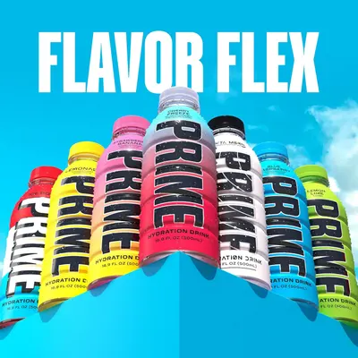 Showcases the wide range of flavors available for the Prime hydration drink, emphasizing product versatility and choice for consumers.