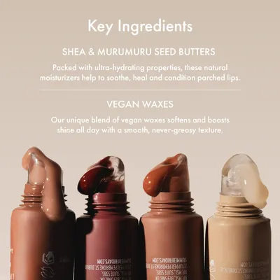 Highlights the key ingredients and benefits of the lip product, emphasizing its natural moisturizing properties and vegan formulation.