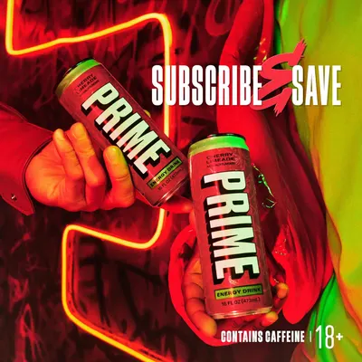 Promotes a subscription service for the Prime energy drink, emphasizing potential savings for customers.