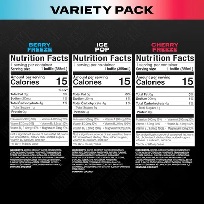 Shows the different flavors included in the variety pack, providing nutritional information for each to help customers understand the product options.
