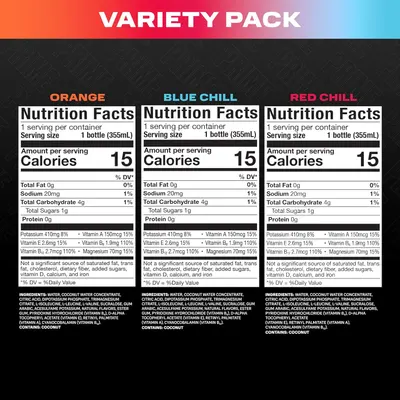 Shows the different flavor options included in the variety pack, allowing customers to see the range of choices available.
